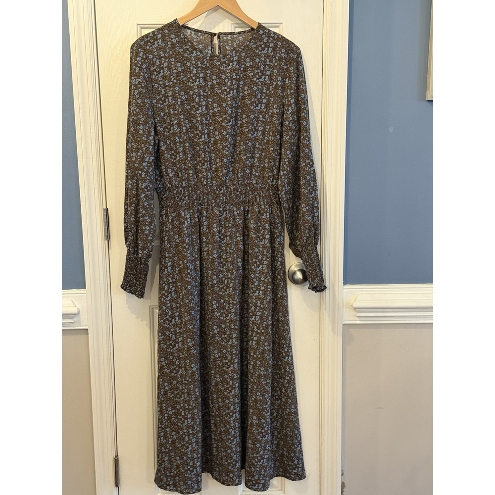 Chocolate Brown Blue Floral Cottagecore Midi Dress Size 12 XL Smocked Waist